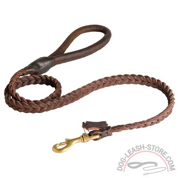 Brown Leather Dog Lead with Stitched Handle