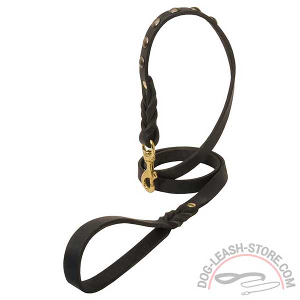 Leather Dog Lead with Braided Decorations